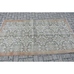 Tapis en laine turque vintage de 3.8x6,7 pieds, tissage plat en patchwork beige et vert avec support en latex pour décorations de salon - Product Image 3