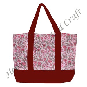 Sac fourre-tout en toile imprimé à la main avec poignée bordeaux, design floral multi-main, durable, deux bretelles, vente en gros BHCB024 - Product Image 2