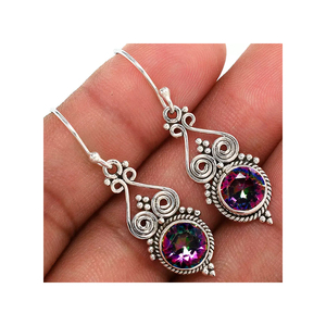 Pendientes de plata de ley sólida 925 con forma redonda, aretes colgantes hechos a mano con piedras preciosas de topacio místico arcoíris para esposa, ODM OEM - Product Image 1