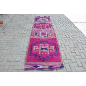 Tapis Turc Vintage Authentique 3 X 11.2ft Boho Jacquard Technique Patchwork Abstrait Rose Bleu Laine Latex pour Couloir Chambre Décor - Product Image 1