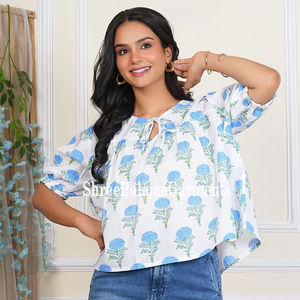 Écologique 100% coton Floral main bloc imprimé Peplum Style chemisier court décontracté robes de soirée manches naturelles lavable A-ligne - Product Image 1