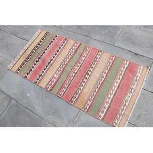 Kilim Vintage Rug, 1.9x4 ft Turkish Rug, <b>Red</b> Floral <b>Wool</b> Rug - Product Image 2