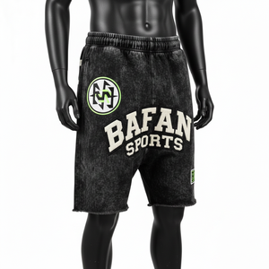 Premium 340 GSM Cotton Fleece Acid Wash <b>Shorts</b> Black Vintage Chenille Embroidery <b>Patch</b> Logo <b>men's</b> <b>shorts</b> - Product Image 4
