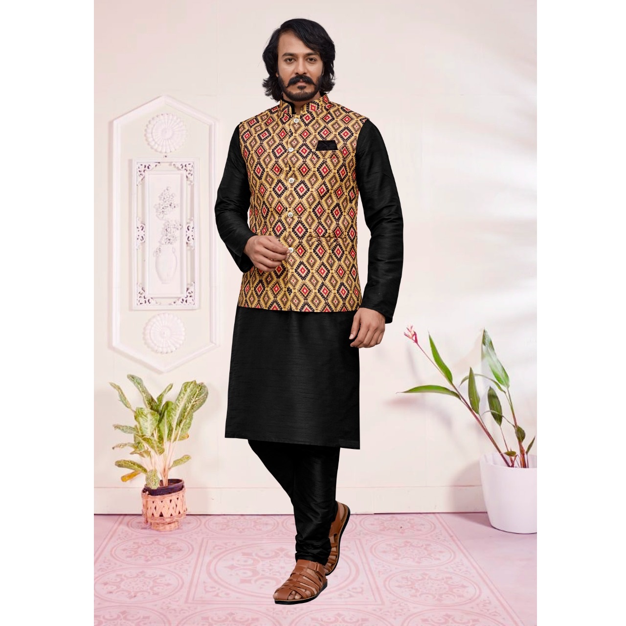 Wedding Party Causal Wear Silk Men Kurta Pajama With Juth Cotton Printed Jacket Coty Best Quality At Lowest Price Supplier India