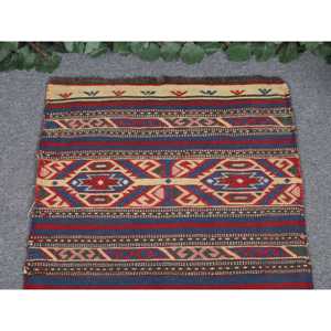 Vintage Traditional Kilim Rug 1.9x3.1 ft <b>Red</b> Blue Patchwork <b>Wool</b> Turkish Medium Pile Eco Friendly Latex Backing - Product Image 3