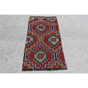 Alfombra Turca Clásica de Gran Tamaño, Tradicional Roja de 2.5x4.9 pies, Diseño de Patchwork de Lana Kilim, 10mm de Látex Ecológico, Lavable a Mano, para Comedor - Product Image 1