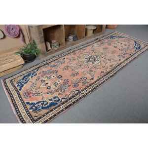 Traditional <b>Pink</b> Blue <b>Wool</b> Rug 3.5 X 10ft Vintage Turkish Large Area Rectangle Patchwork Abstract Latex for Hallway Use Room Rug - Product Image 5