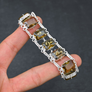 Pulsera de estilo cadena chapada en plata 925 hecha a mano, cuarzo ahumado creado en laboratorio, diseñador de piedras preciosas, regalo de joyería fina - Product Image 1