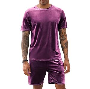 Ensemble short en velours pour hommes, survêtements d'été formels avec boutons, t-shirt et short en velours assortis, design respirant surdimensionné - Product Image 1