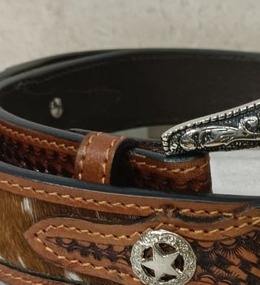 Unisex Premium Floral Tooling Studded Design Brown Hair-on Leather <b>Belt</b> with SS <b>Buckles</b> Hot Selling Western Style Custom Logo - Product Image 3