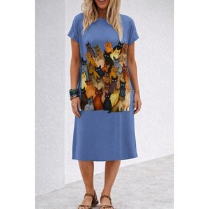 Robe mi-longue en viscose à manches courtes et col rond avec imprimé chat, 34022 - Product Image 1