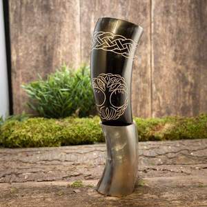 Mug en corne de boisson viking nordique 16 oz, véritable corne de bœuf polie, écologique, style animal, support en cuir enveloppé, fait à la main, cadeau d'affaires - Product Image 2