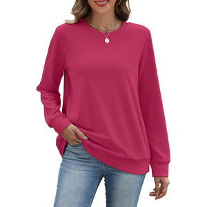 Suéteres de Invierno con Cuello Redondo Color Fucsia para Mujer, Modernos, Lisos, de Manga Larga, con Bolsillos Delanteros, 100% Algodón - Product Image 1