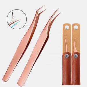 Pinzas de Acero Inoxidable para Extensión de Pestañas, Color Oro Rosa, Herramienta para Extensión de Pestañas con Agarre Perfecto, Punta Curva de 45 Grados, Juego de Pinzas - Product Image 1