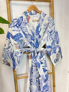 Vestidos estampados de bloques bohemios abrigos largos suaves para mujer tela cómoda Kantha Kimono chaqueta bata fajas albornoces artículos conjuntos - Product Image 6