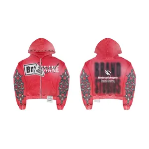 Sudadera con capucha lavada con ácido de diamantes de imitación a granel, sudadera de lana de algodón, ropa de calle al por mayor, Sudadera con capucha informal de moda de invierno para gimnasio - Product Image 1