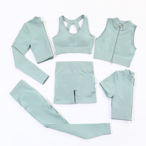 Personalizado 6 piezas acanalado Yoga Set cremallera ropa deportiva gimnasio Fitness entrenamiento sin costuras gimnasio ropa yoga Conjunto personalizado Activewear conjuntos - Product Image 2