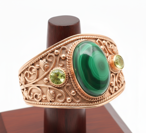 Handcrafted Natural Malachite Cabochon 925 Sterling Silver Rose <b>Gold</b> Plated 14k <b>Gold</b> Bohemian Men's Adjustable <b>Bangle</b> Cuff - Product Image 4