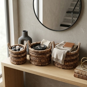 Ensemble de paniers de rangement en écorce de bananier naturelle, empilables, avec poignée en anneau arqué, pots cylindriques, pour décoration artistique de pièce et artisanat - Product Image 5