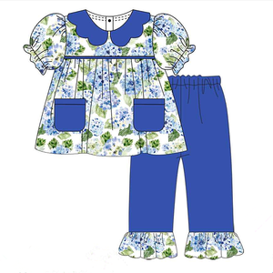 Setelan Pakaian Sutra Susu Motif Bunga Warna Musim Semi yang Dapat Disesuaikan, Pakaian Bayi Perempuan Motif Bunga Biru, Gaun Smok Lengan Gelembung Anak-Anak - Product Image 4