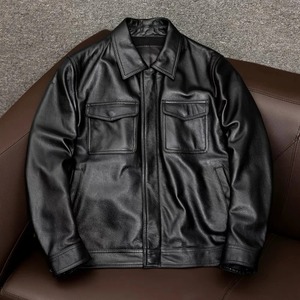 Wholesale Coated 100% Genuine <b>Cow</b> Skin Vintage Hooded Jacket Classic Casual Black Men's Stand Collar Front Logo Plus Size - Product Image 1