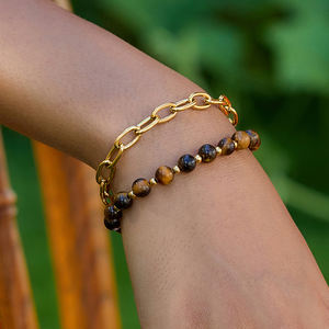 Moda delicada 18K <span class=keywords><strong>oro</strong></span> Acero inoxidable 2 piezas Ojo <span class=keywords><strong>de</strong></span> Tigre turquesa empanado pulsera amor turquesa mano cadena pulsera - Product Image 2