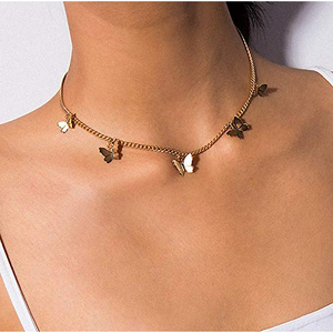 Collar de Aleación de Zinc Chapado en Oro con Diseño de Mariposa, Cadena de Eslabones, Joyería Moderna para Aniversario de Bodas con Diamantes y Perlas - Product Image 3