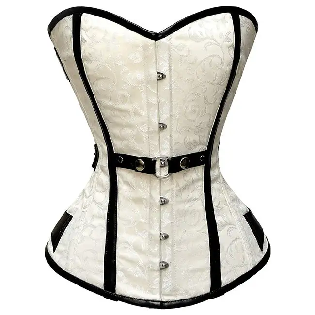 Corsetto in broccato bianco sovrastato con disossamento e finiture in PVC nero