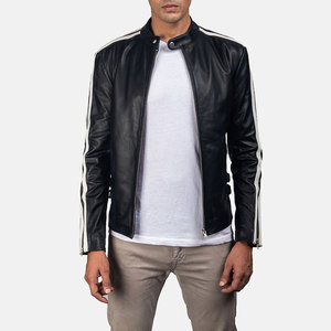 <b>Men's</b> Black PU Leather Moto <b>Jacket</b> Stand Collar Zip Front Slim Fit Regular Sleeve <b>White</b> Stripe Detail Autumn Wear - Product Image 1