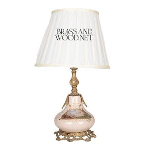 Antique Brass Decorative <b>Table</b> <b>Lamp</b> with Porcelain Base, Classic Fabric <b>Shade</b>, and Artistic Hand Painted Design - Product Image 1