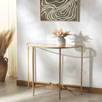 Table console demi-lune avec plateau en verre et structure en métal, table d'entrée moderne, meuble d'appoint pour salon