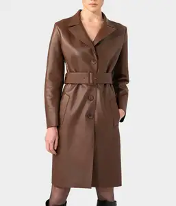 Vente en gros de manteau long en cuir décontracté pour femmes à la mode Trench-Coat à manches longues avec ceinture en cuir véritable pour femmes