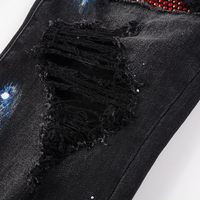 Jeans en denim à patchwork de cristaux rouges pour hommes, pantalon skinny stretch à coupe ajustée, pantalon déchiré peint avec strass, pantalon déchiré