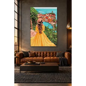 Fida Girl in Yellow Dress and Colorful Seaside Town Impression sur toile - Product Image 3