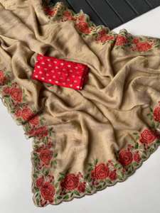 VASTRA COTTAGE Pure <b>Satin</b> Georgette <b>Saree</b> with Motif Embroidery All Over Beautiful Lace Border and Contrast Bandhani Blouse - Product Image 6