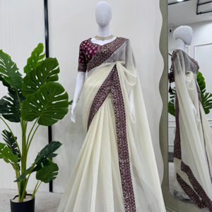 Hermoso Sari de diseñador de seda con hilo y secuencia de trabajo para ocasiones de fiesta - Product Image 1