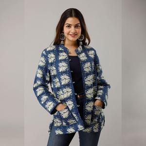 Blue Cotton <b>Quilted</b> <b>Jacket</b> for Ladies Floral Vintage <b>Pattern</b> with Stand Collar Button Logo Decoration XL Size for All Seasons - Product Image 1