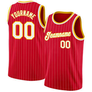 Maillot de basketball authentique personnalisé rouge et blanc sans manches, respirant, en tissu 100 % polyester, avec techniques d'impression blanc-or - Product Image 1