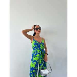 Mono con estampado y cuello en V, de tirantes, de satén, de cintura alta, para playa, transpirable y moderno - Product Image 2