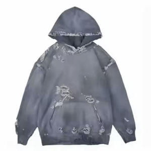 Nouveaux sweats à capuche en détresse délavés à l'acide pour hommes surdimensionnés avec fermeture à glissière déchiré Vintage poids lourd avec motif solide - Product Image 1