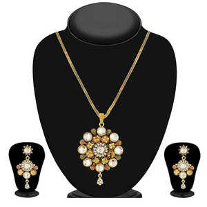 Kriaa Luxury Vintage Gold Plated Pendant <b>Set</b> with White Kundan Stone 1204015 <b>Bridal</b> and Earring Fine <b>Jewelry</b> - Product Image 1