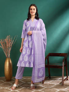 Kurta en coton pour femmes, imprimé Buta, coupe A, avec pantalon à bas élastique et dupatta, longueur mollet, col en V, manches trois quarts, lavande - Product Image 6