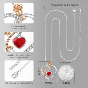 CDE SSYN001 תכשיטים 925 אבן כסף סטרלינג קריסטלים אדומים עם שרשרת זירקוניה סיטונאי שרשרת עיצוב פרח ורד