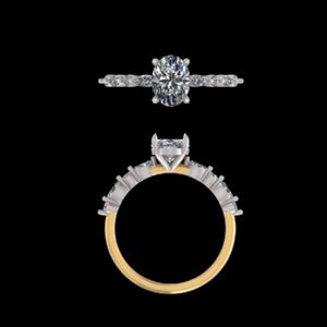 Anillo de Compromiso con Diamante de Corte Oval en Oro Amarillo de 14k y 18k con Acentos de Piedras Laterales en Forma de Pera y Banda de Boda con Diamantes Festoneados - Product Image 2