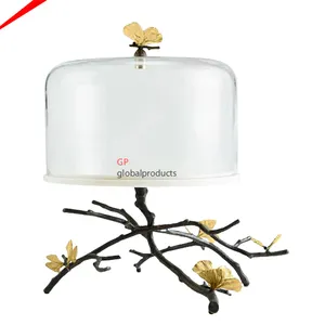 Luxury Decorative Metal Golden butterfly Base Cake <b>Stand</b> with Glass Dome Tabletop Centerpiece Cake <b>Stand</b> - Product Image 1