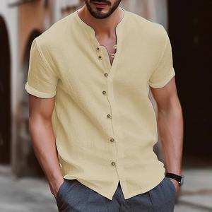 Tendencia de moda de verano para hombres 100% algodón cáñamo transpirable abotonado Casual Slim camisa de manga corta cuello alto nuevo Anti-retráctil - Product Image 4