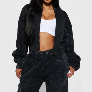 Ensemble personnalisé de haute qualité poids lourd 100% coton délavé à l'acide sweats à capuche zippés Survêtements unis vierges pour femmes - Product Image 4