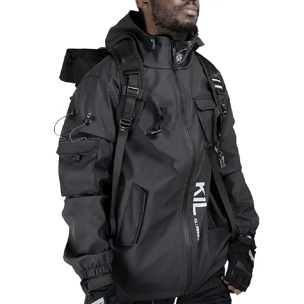 Hot Sale Men's Techwear Rain Jacket Multi-Pocket Hooded Cargo Plus Size Waterproof Breathable Streetwear Tech Jackets For Men
