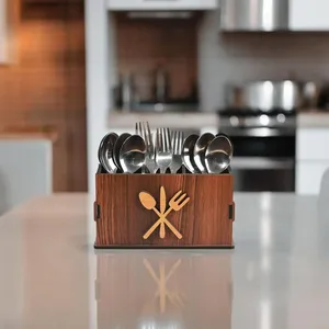 Support à couverts multifonction en bois à un niveau, à fixer au mur, pour la cuisine et la table à manger, porte-cuillères, porte-couteaux, porte-fourchettes, organisateur - Product Image 1