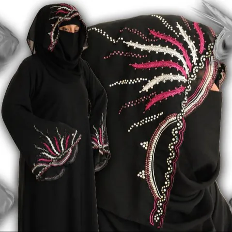 Increíble diseño de bordado a máquina en Abaya y pañuelo para la cabeza